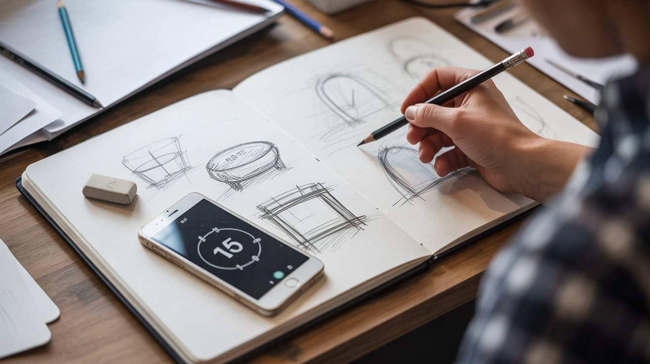 "Sketchbook with quick timed sketches and a timer showing fast drawing warm up practice"