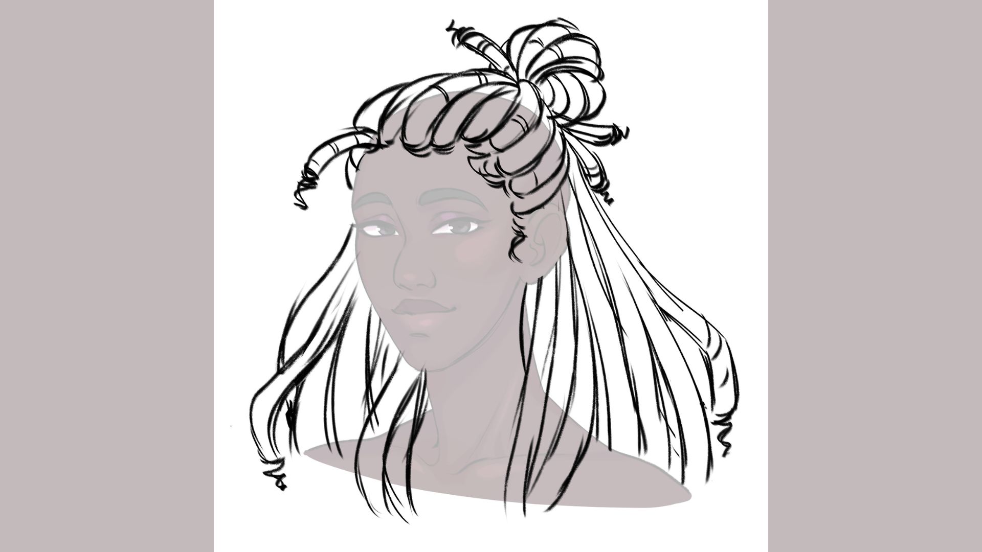 "A drawing of a woman with long hair, depicted in a graceful pose, showcasing her flowing locks and serene expression."
