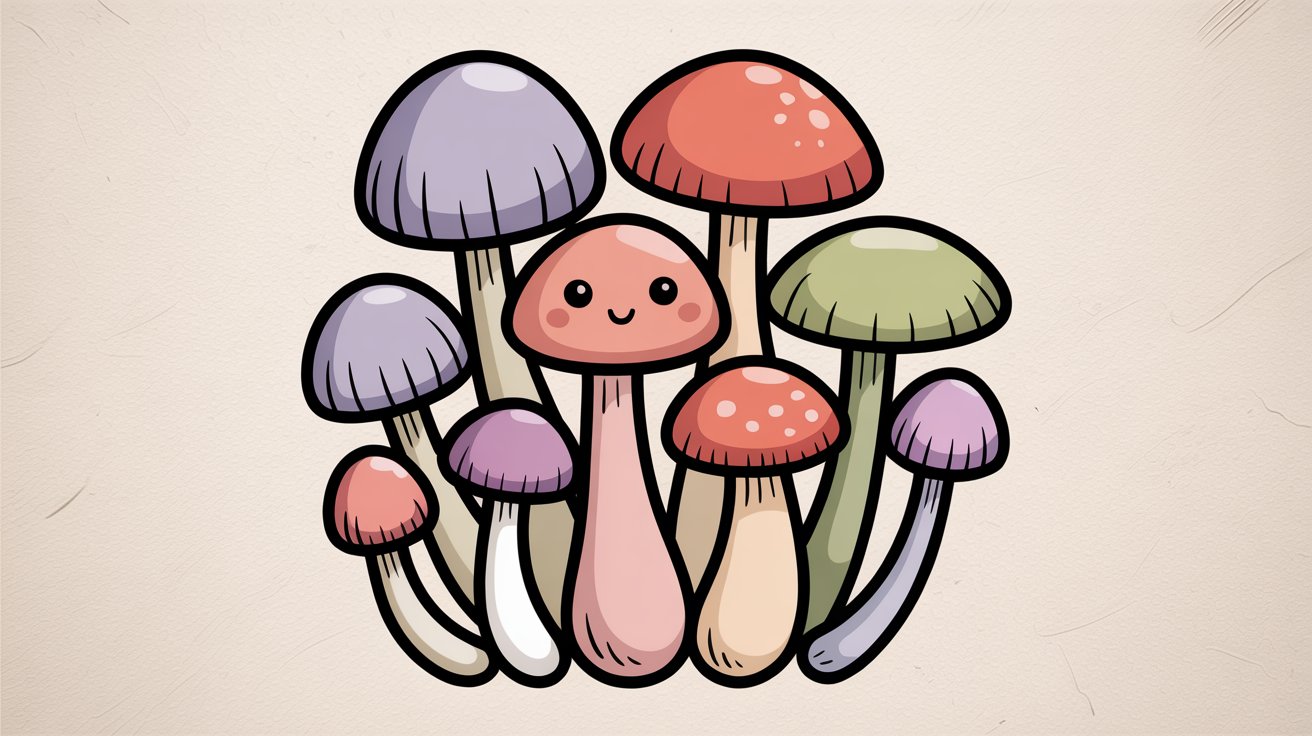 Cluster of 8 smiling cartoon mushrooms in pastel shades of purple, red, green, and pink.