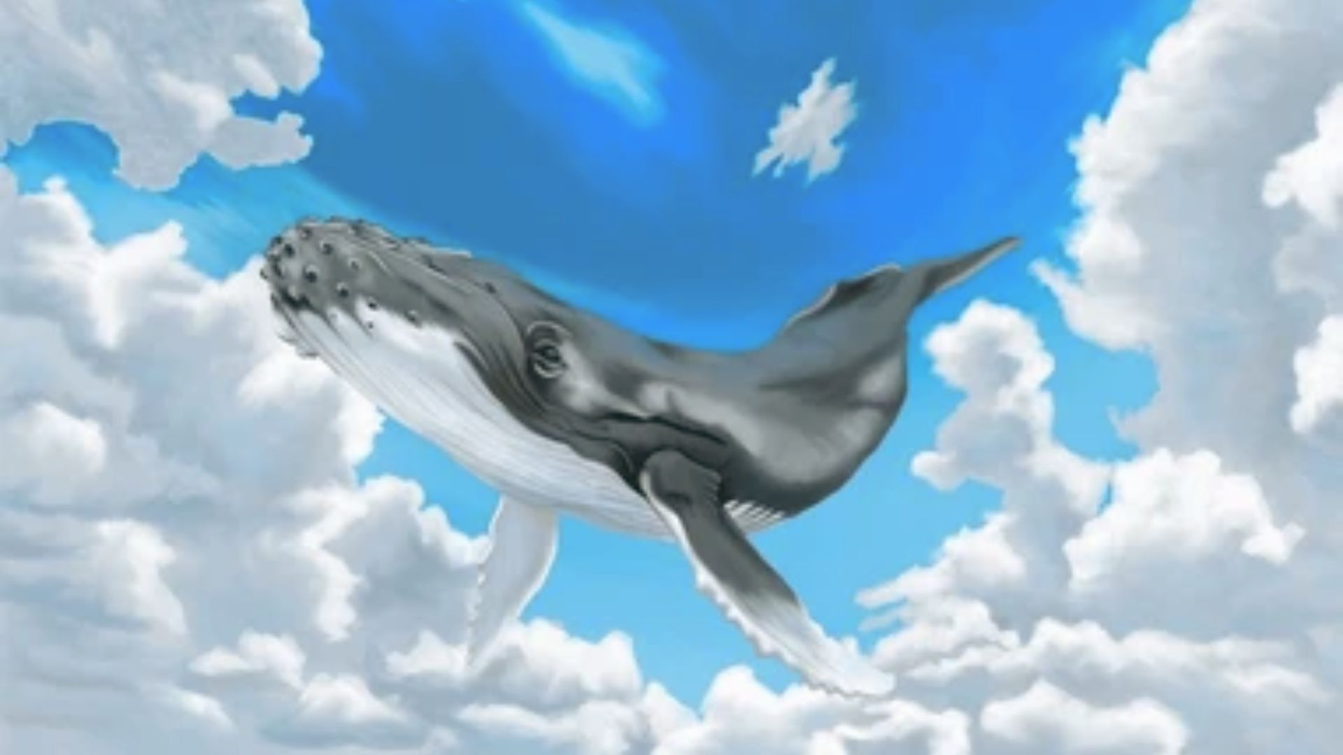 A whale swimming through white clouds in a bright blue sky, a cute and easy surreal cloud drawing idea.