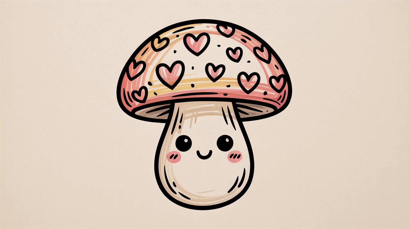 Chibi mushroom character with a pink and yellow cap covered in heart patterns, rosy cheeks, and a happy face.