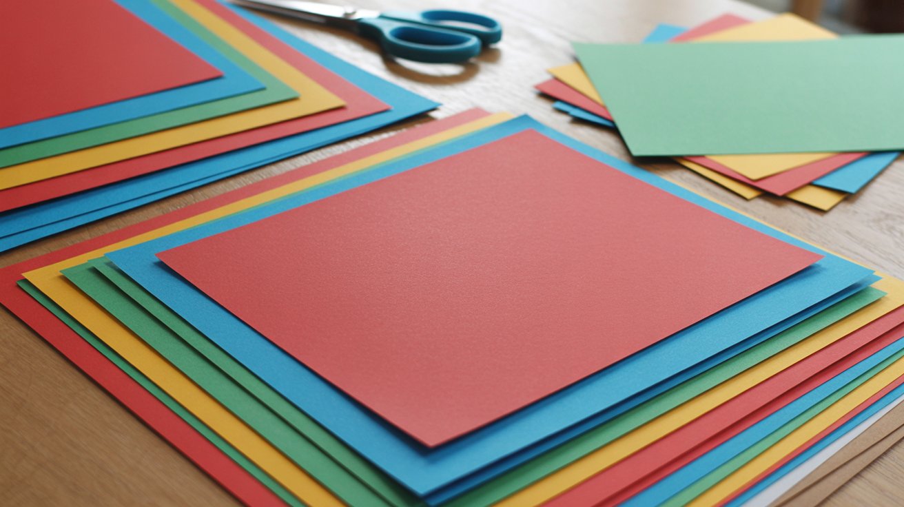 Colorful cardstock paper being selected and prepared for making a paper party hat