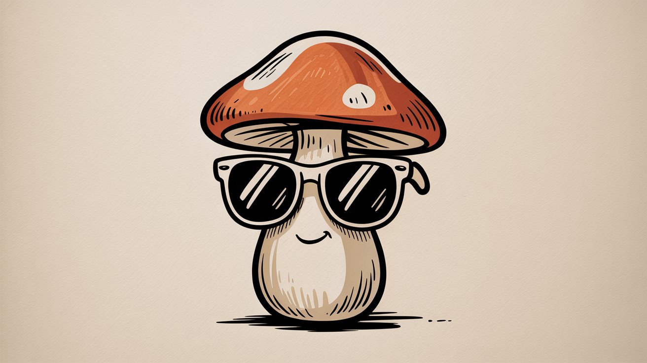 Cool cartoon mushroom wearing oversized black sunglasses and a subtle smirk.