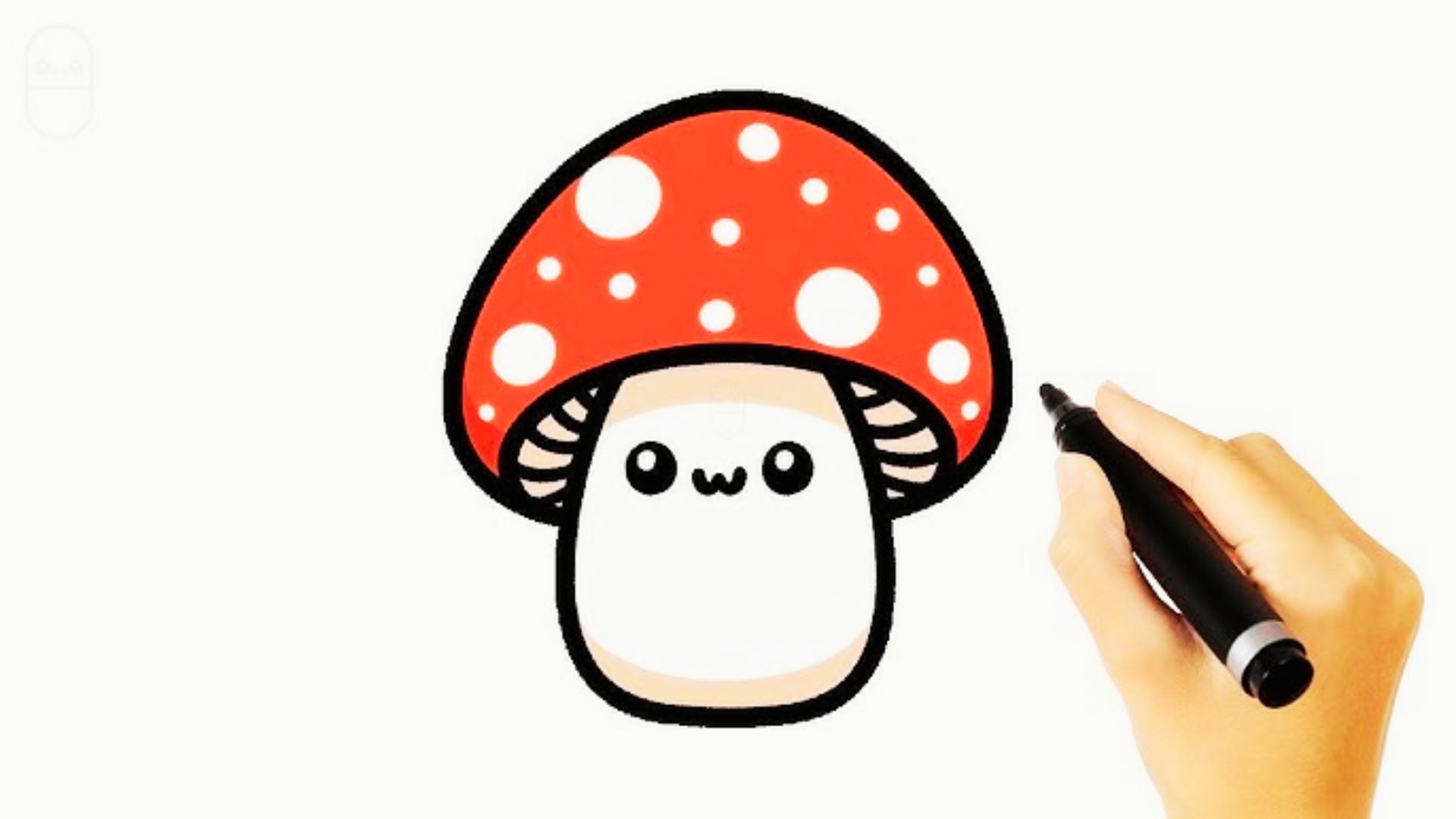 Chibi mushroom with a red dotted cap and a cute face is being drawn by a hand with a black marker.