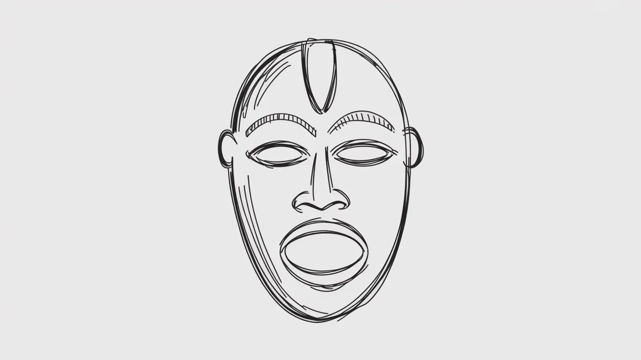 Simple sketch of an African mask with open mouth showing music and rhythm in a basic hand-drawn style.