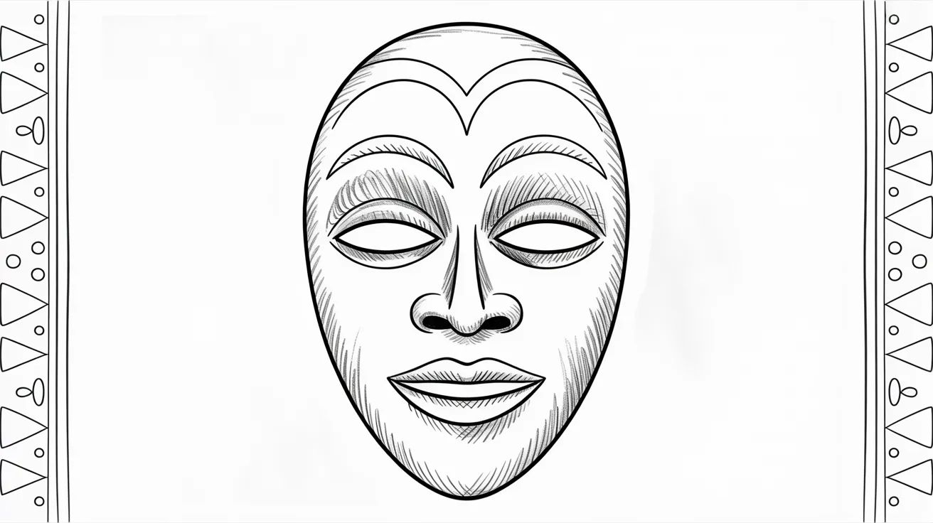 Basic hand-drawn African mask with big eyes and open mouth showing a storytelling expression in simple sketch style.