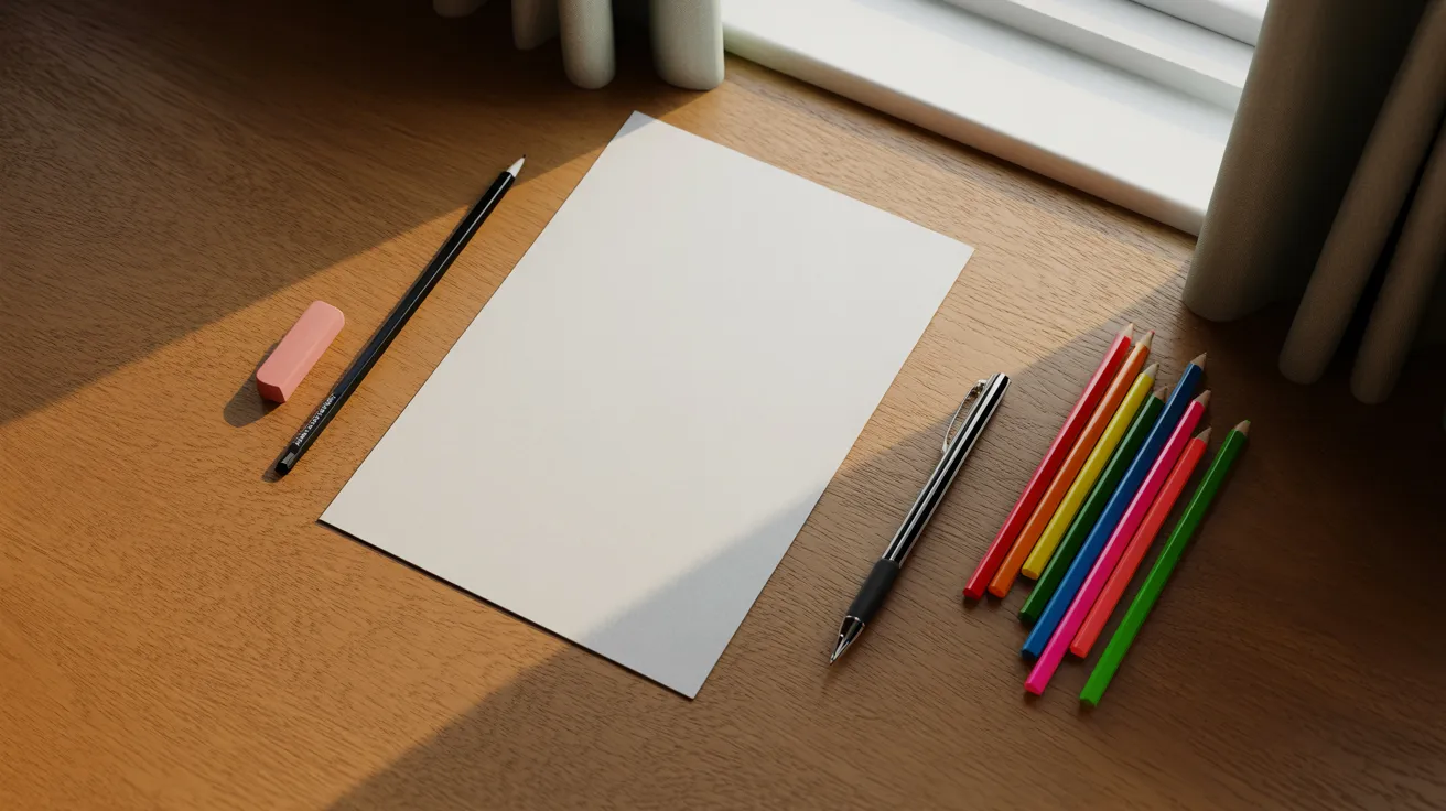 Basic drawing supplies including pencil paper eraser pen and colors arranged on desk