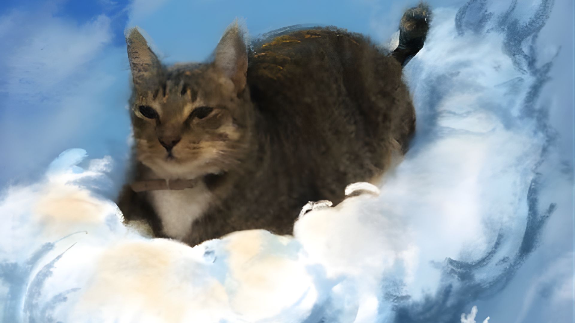 Drawing of a tabby cat lounging on soft, painterly white clouds with a dreamy blue sky, easy animal-meets-cloud art.