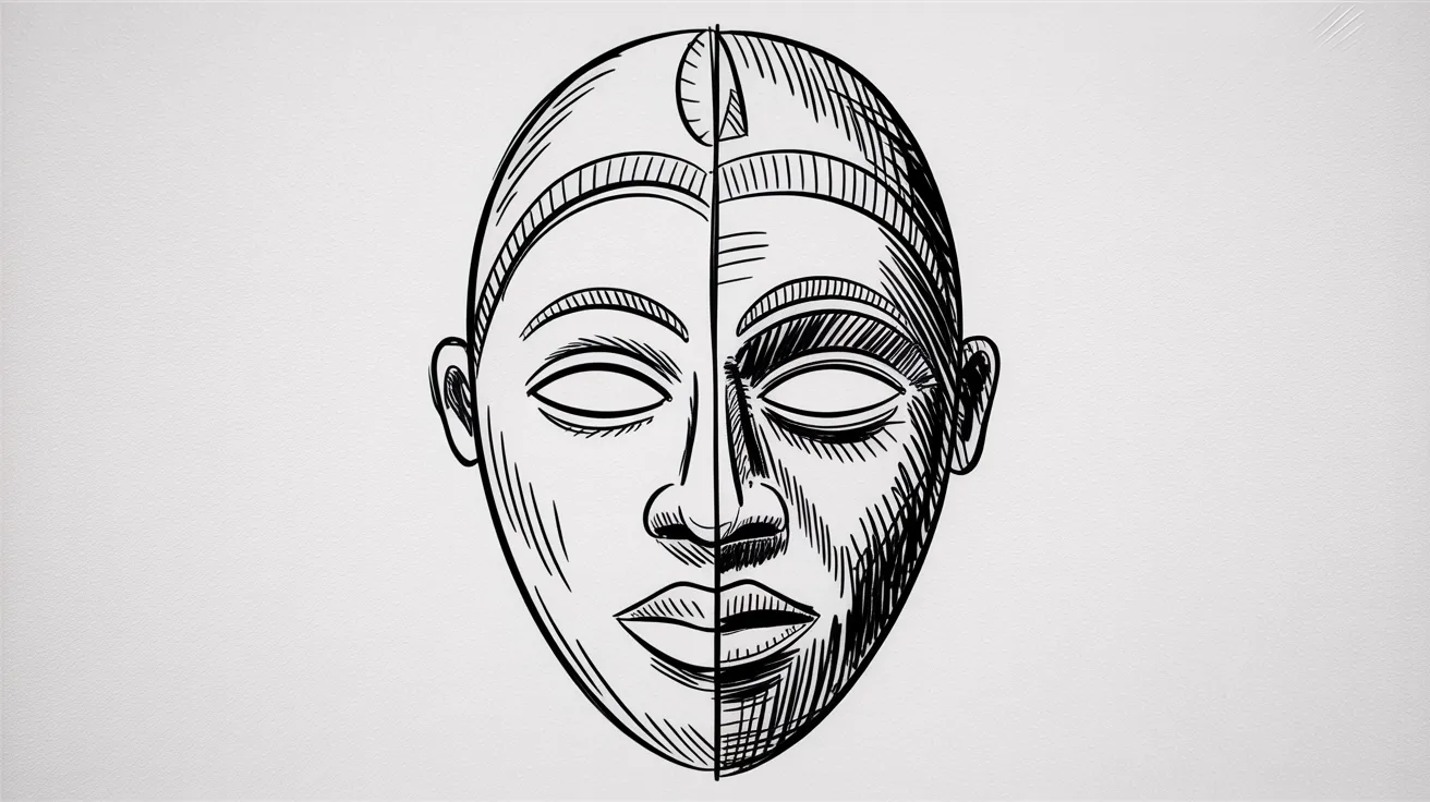 Simple sketch of an African mask showing transformation with one young side and one older side.