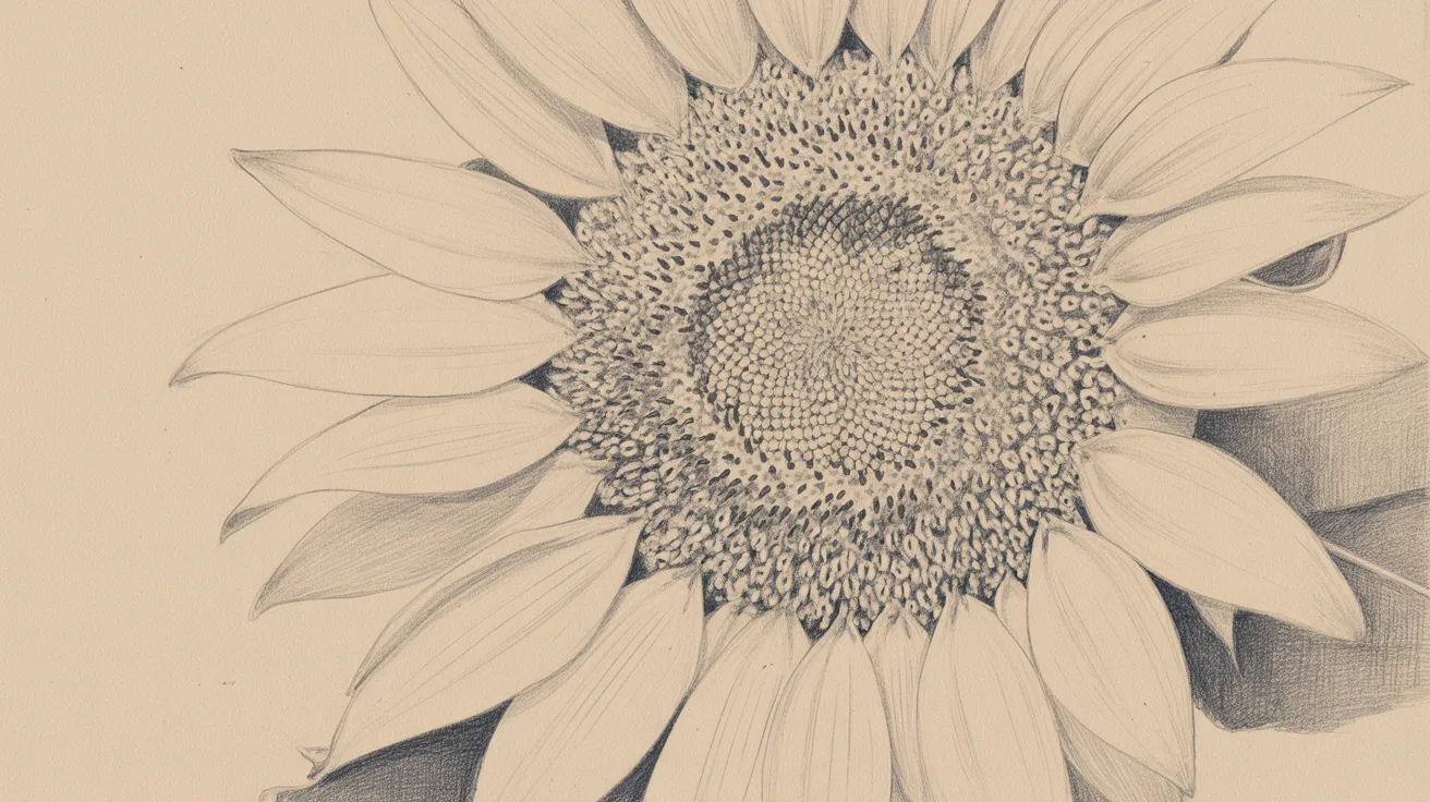 Sunflower drawing step with textured center and detailed petals using dots and light pencil lines