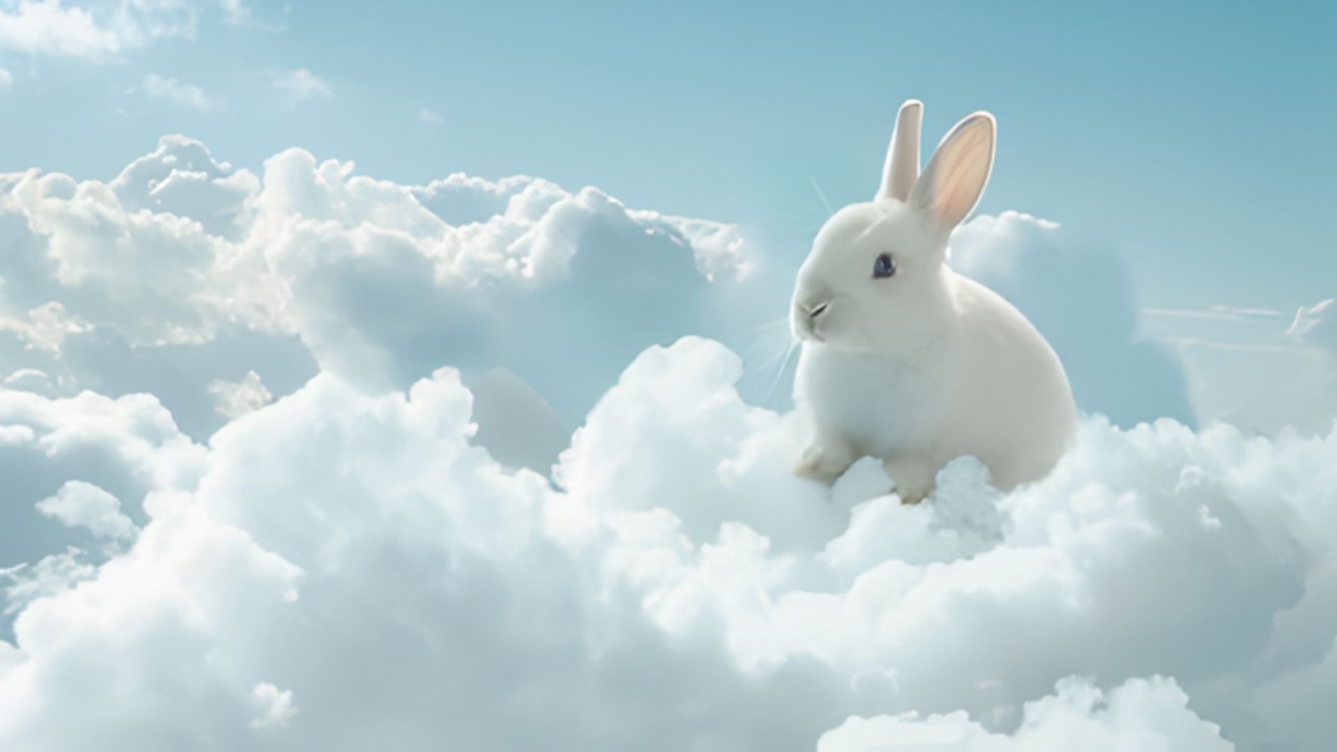 Photorealistic white rabbit sitting atop fluffy white clouds against a bright blue sky, a cute cloud fantasy drawing