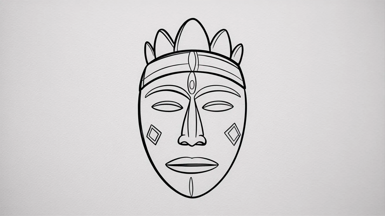 Simple pencil sketch of a royal African mask with a tall face and crown-like top showing a strong serious expression.