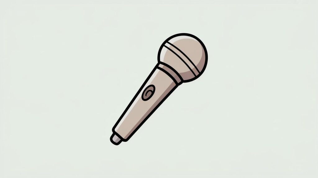 Minimal flat-style beige microphone drawing with black outline and round head on mint background.