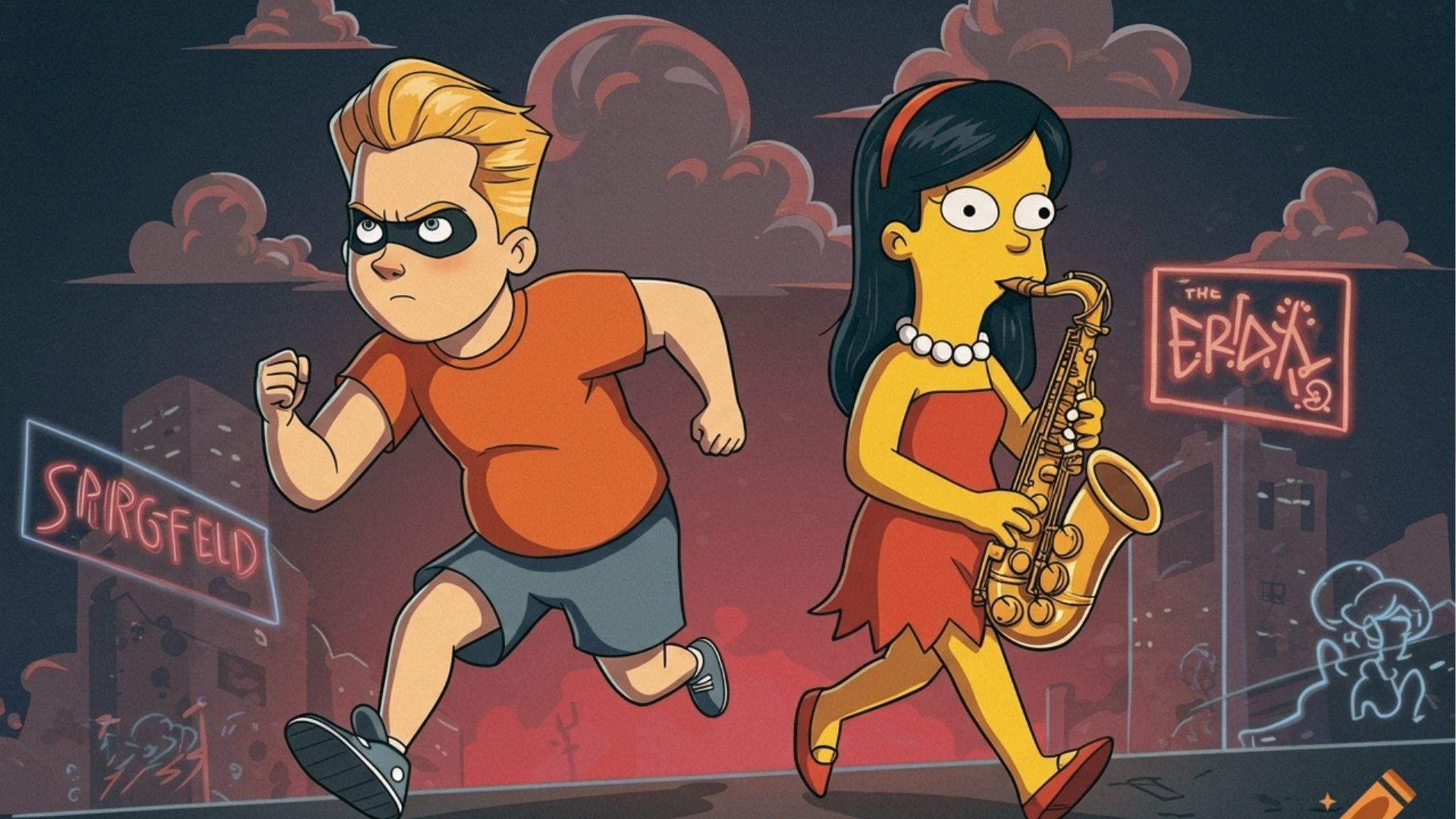 A superhero boy runs beside a yellow-skinned cartoon woman in a red dress playing a saxophone at night.