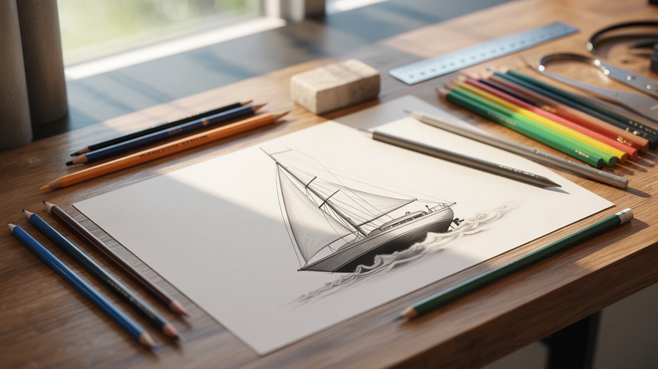 "Photorealistic top-down view of an artist desk with pencils, eraser, ruler, and paper showing a light sketch of a boat in progress under natural light with no people present"