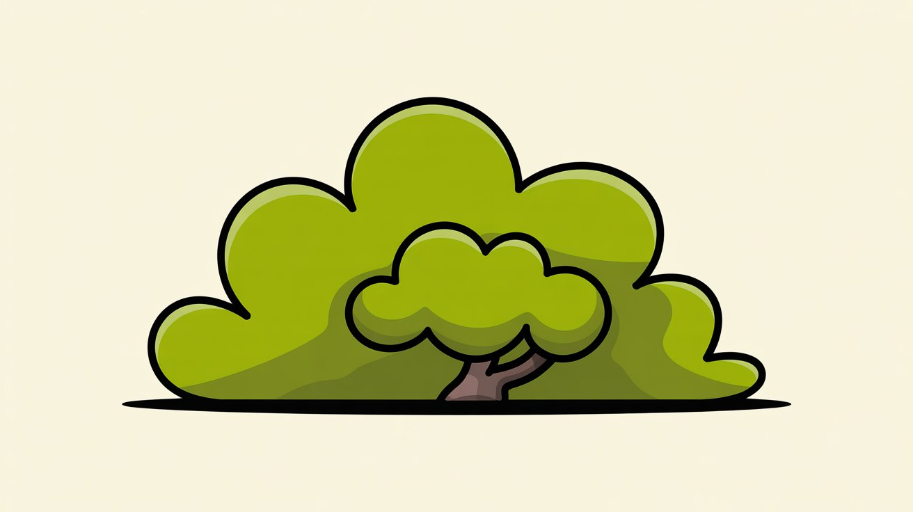 Colorful cartoon bush in bright green with bold black outlines and a small brown trunk.