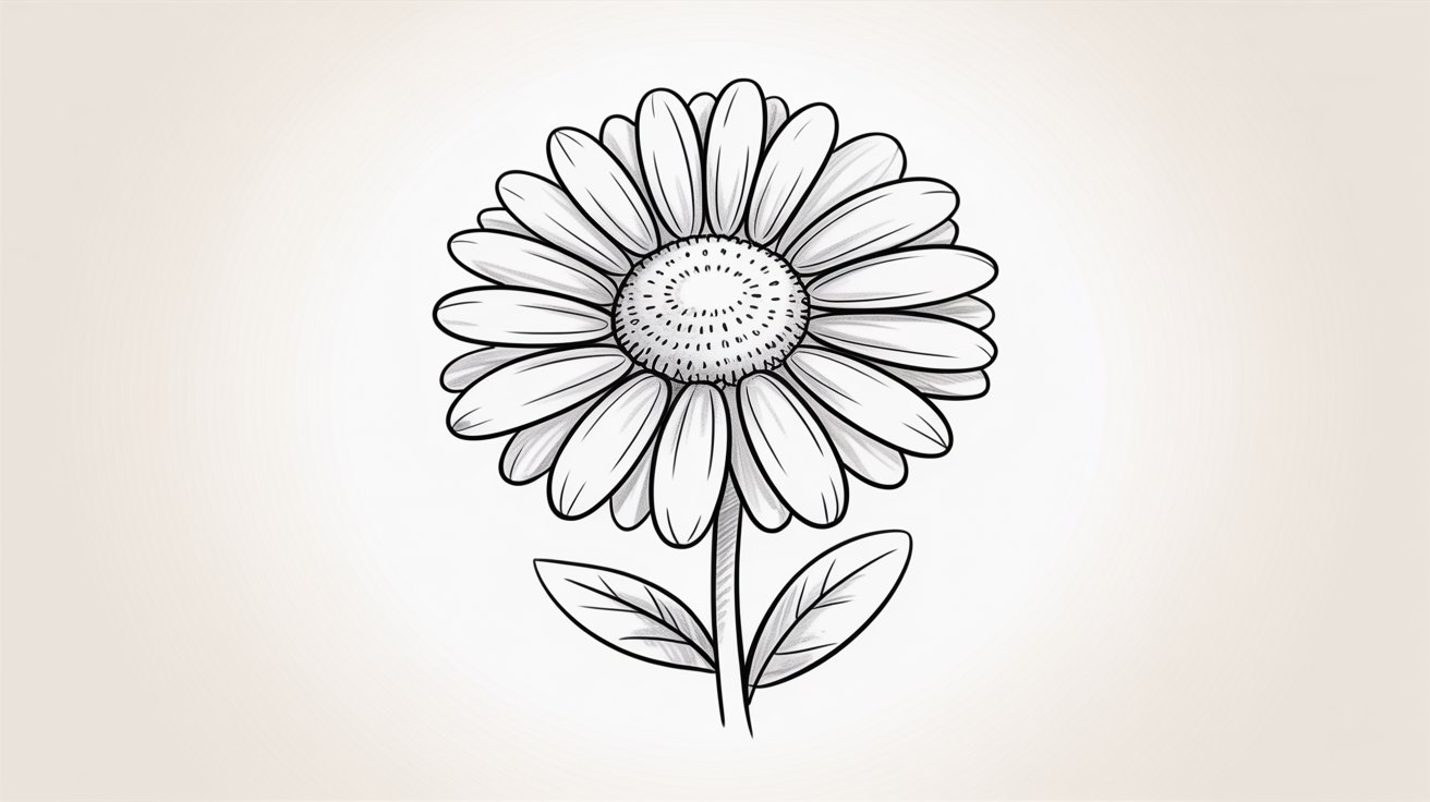 Clean black and white daisy line drawing with detailed center and two simple leaves on beige background.