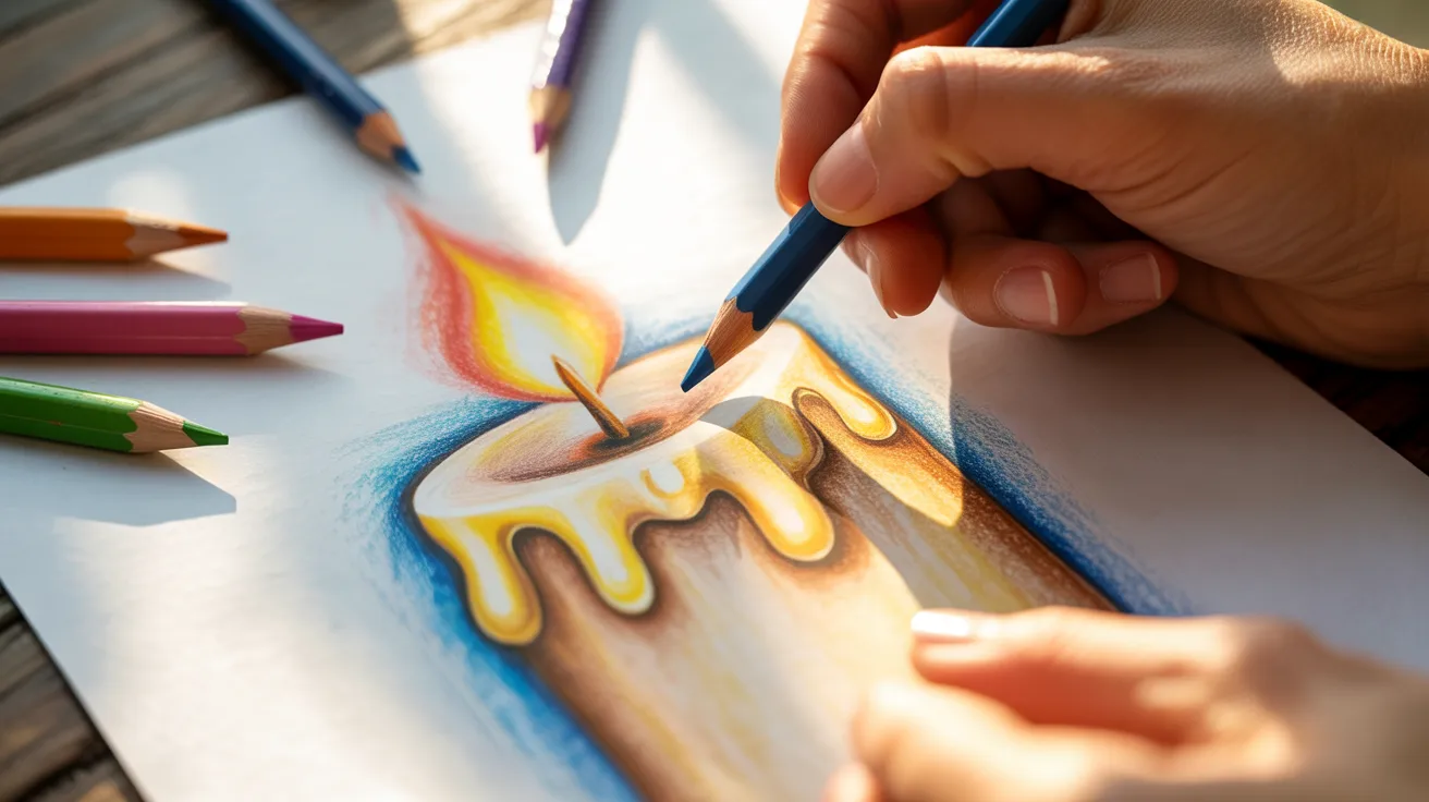 Candle drawing being colored with shading on body and warm tones in flame