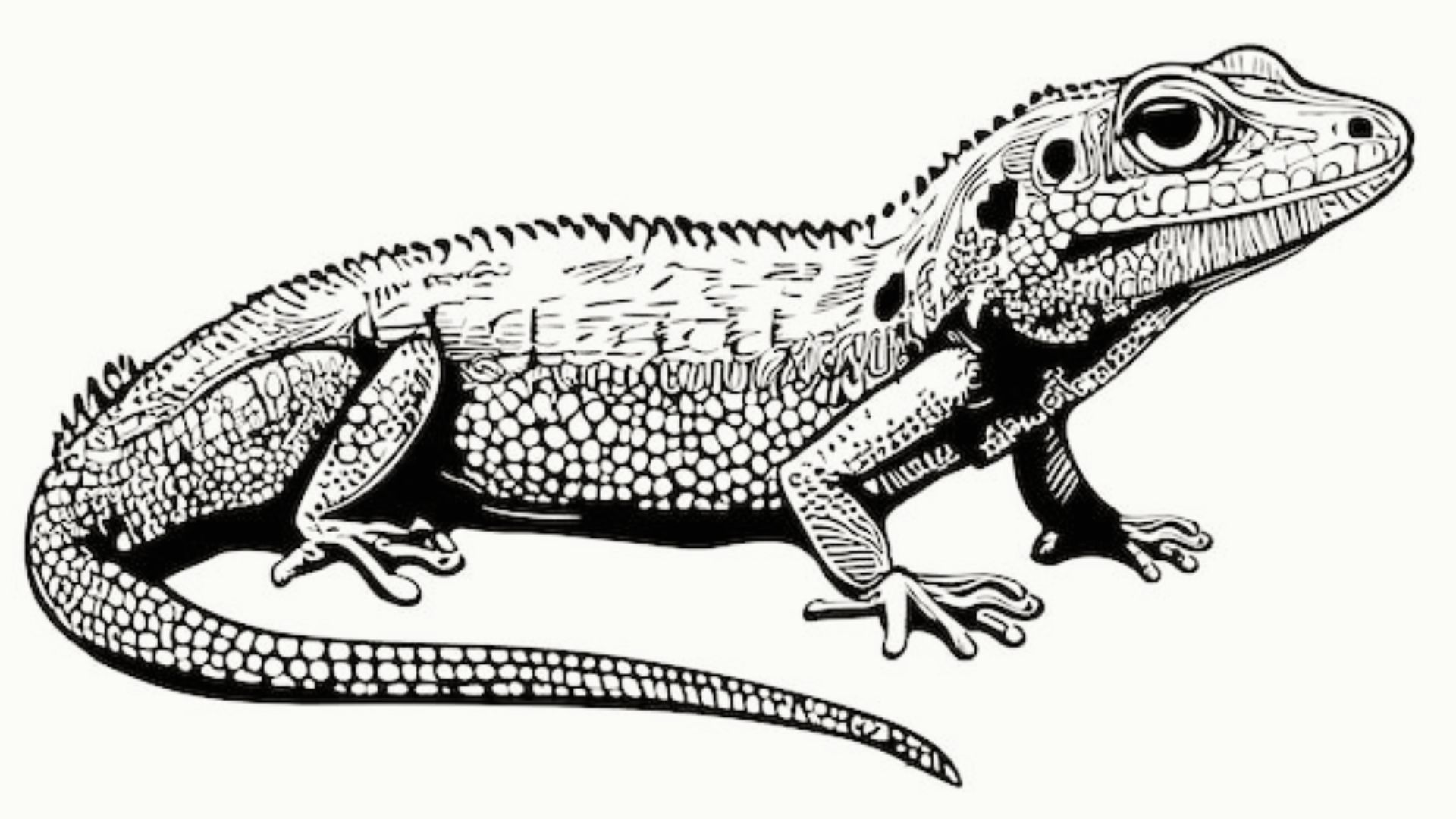 High-contrast ink drawing of an iguana with intricate scale and texture details.