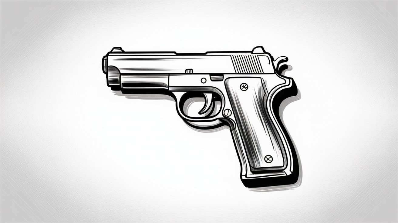 Bold black and white ink drawing of a semi-automatic pistol in side view.