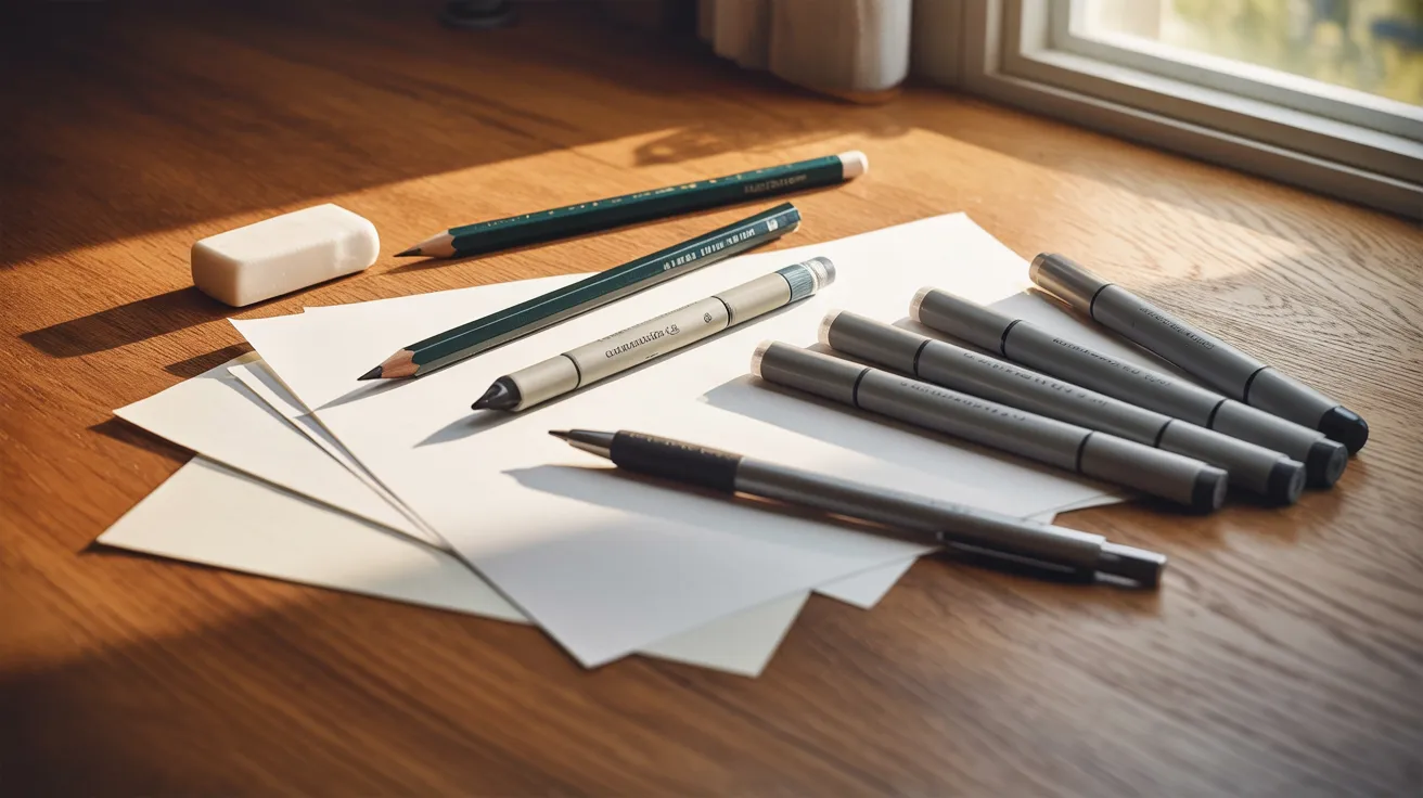Drawing supplies including pencil paper eraser pen and markers arranged on desk