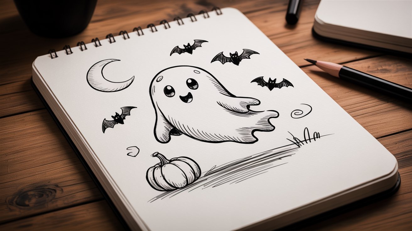 "Hand-drawn pencil sketch of a Halloween ghost with moon, bats, and pumpkin on a sketchbook page with soft shading and simple lines"