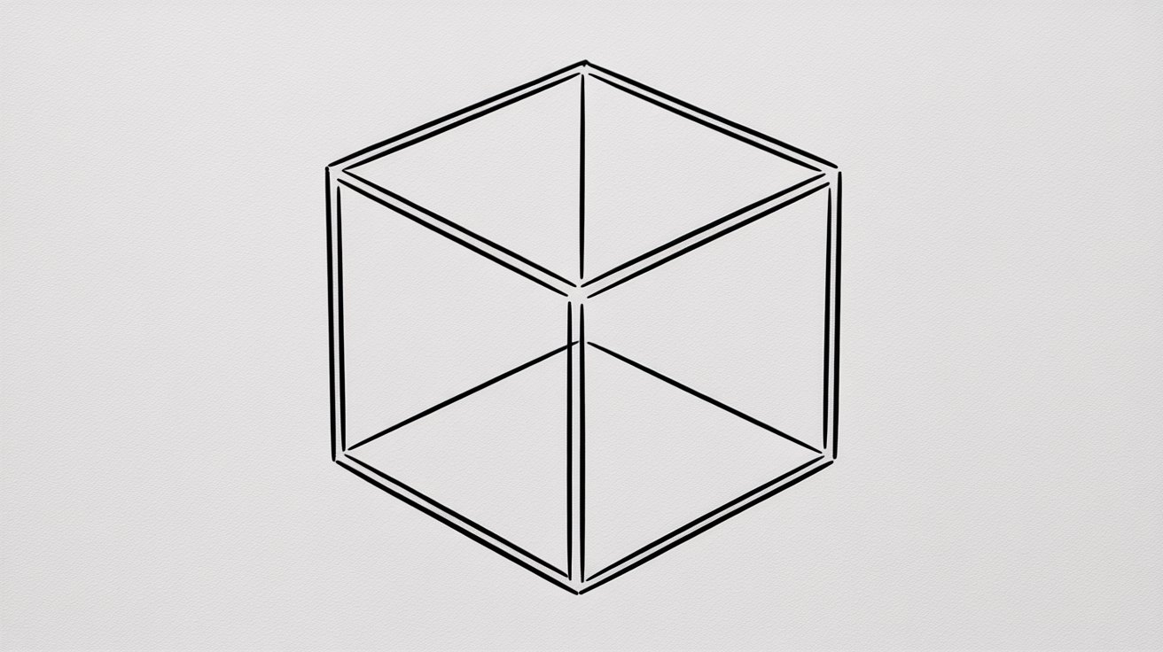 Clean line drawing of a transparent wireframe cube showing all edges, including hidden back edges.