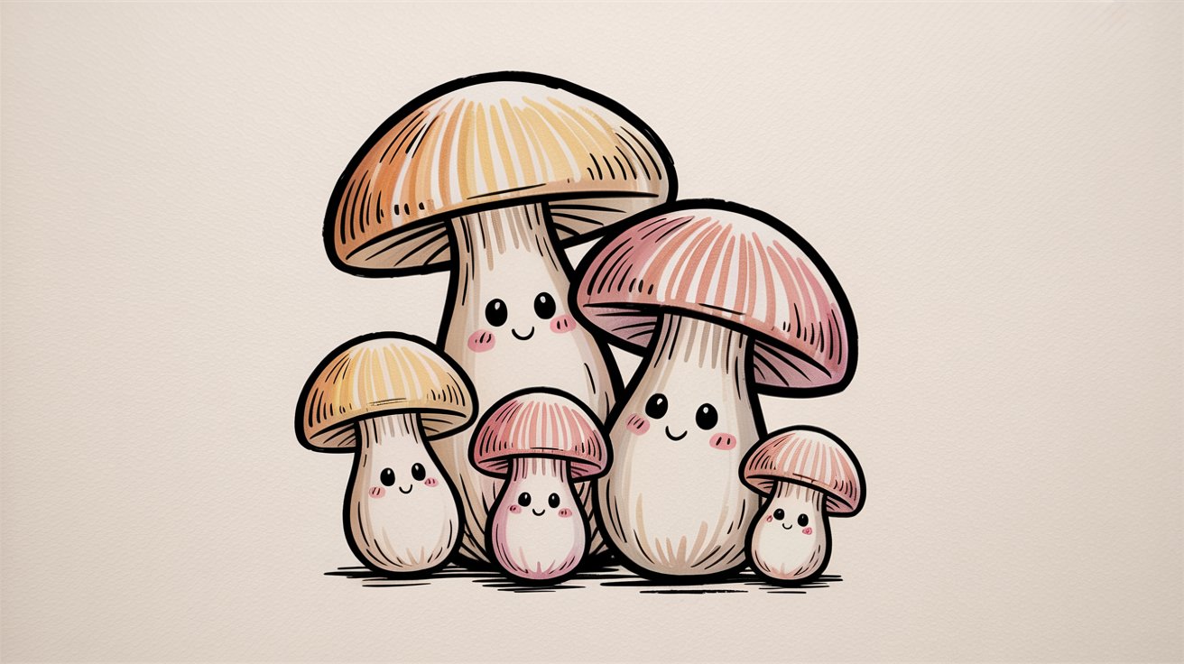 Family of 5 smiling kawaii mushrooms in pastel pink and orange tones huddled together.