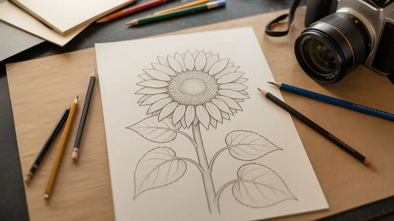 Sunflower drawing step showing stem and leaves added with simple shapes and visible pencil lines