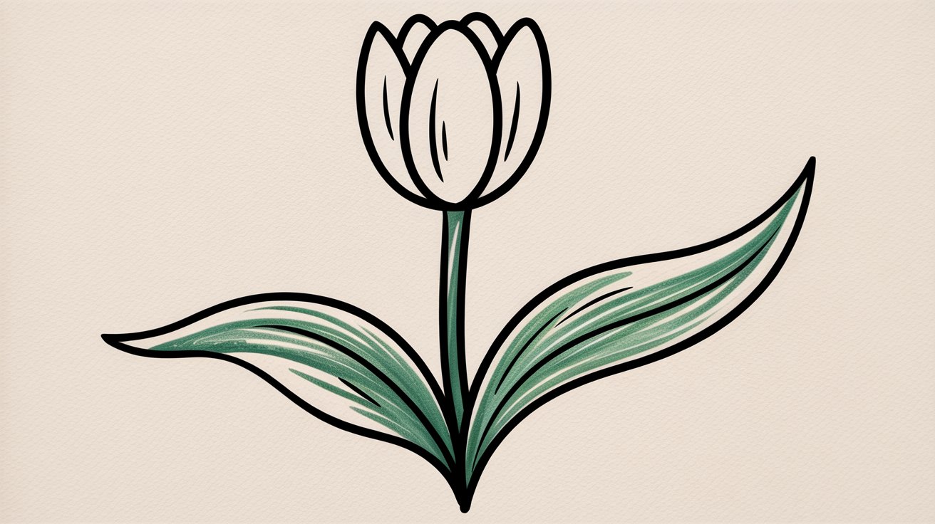 Simple line art of a single tulip with black outline and green pencil-shaded leaves.