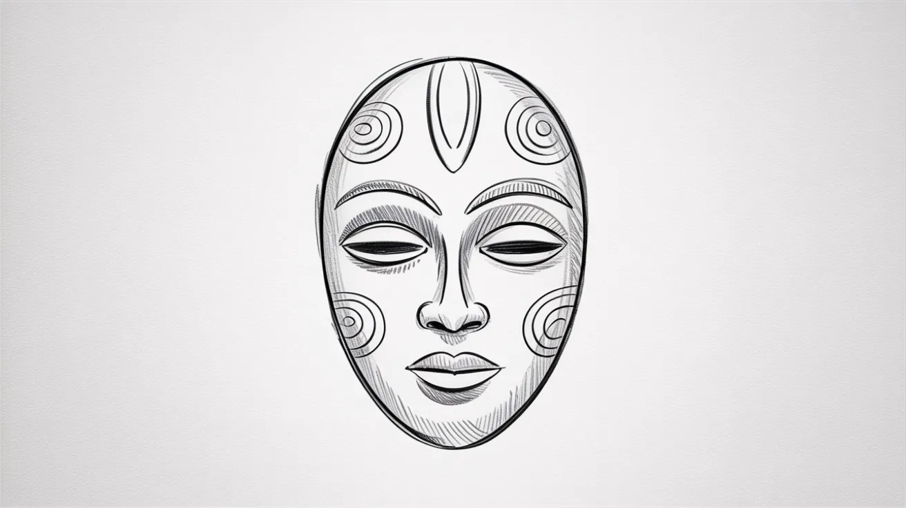 Simple pencil sketch of a calm African mask with closed eyes and soft swirling patterns.