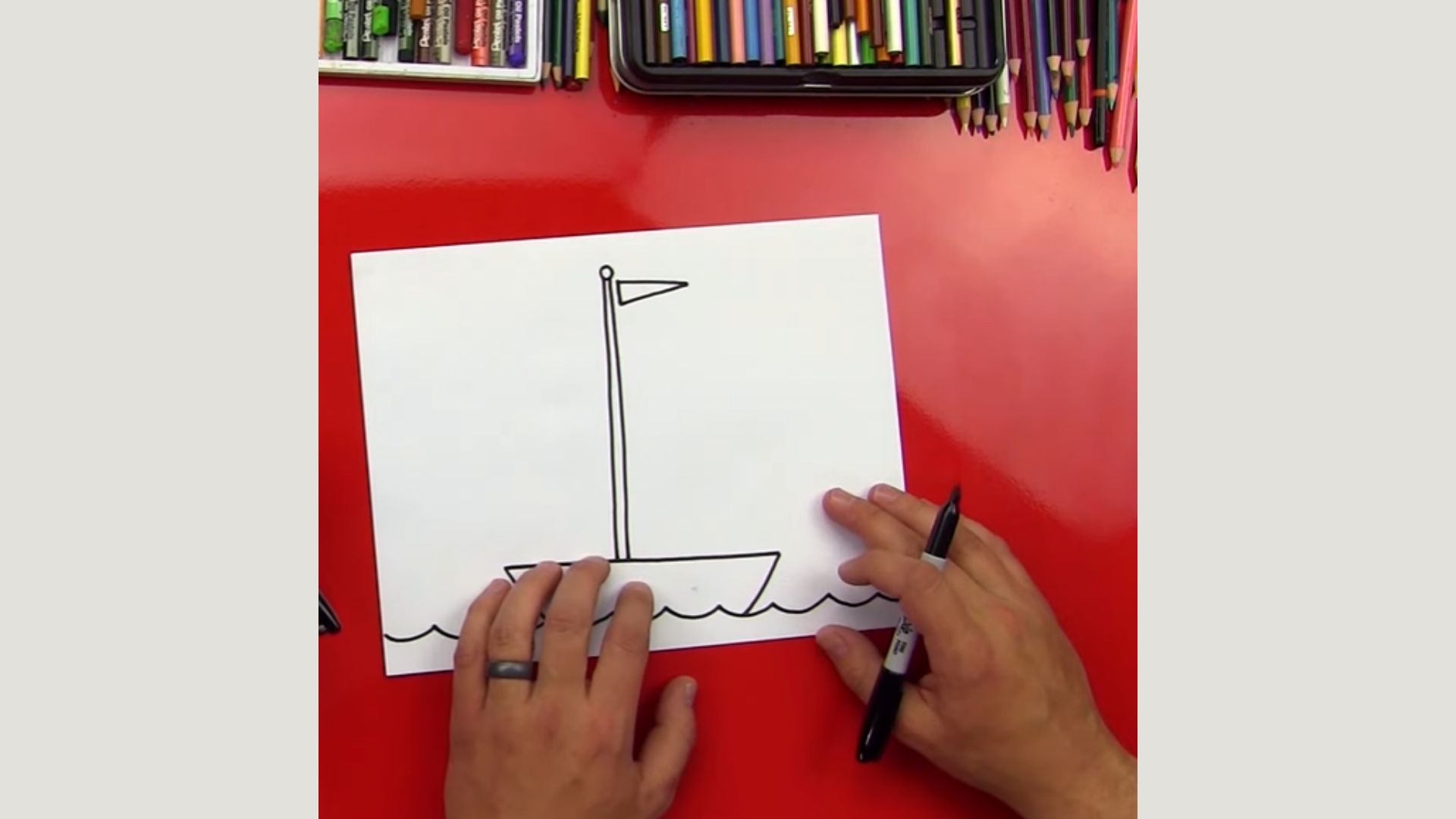 "Instructional image showing the process of drawing a boat in pencil, featuring various stages of the artwork."