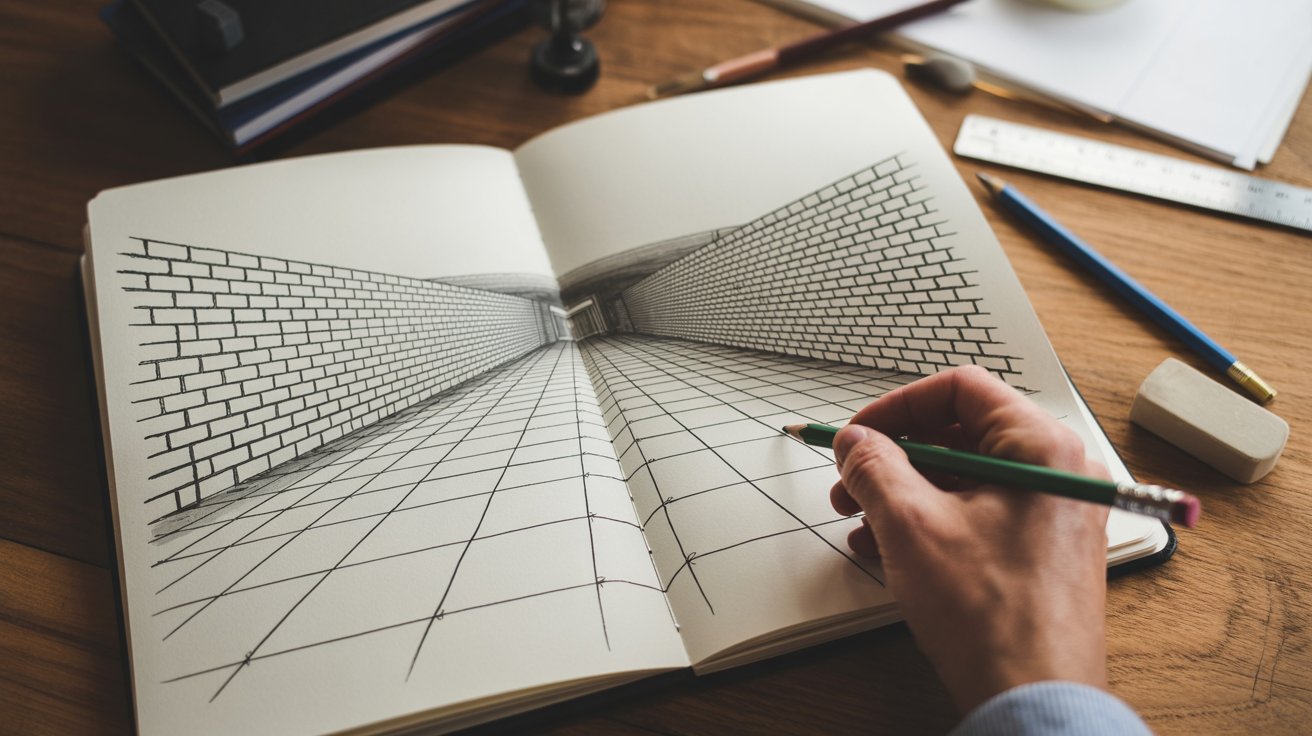 "Perspective brick wall drawing with vanishing point and converging rows showing depth in a realistic sketchbook scene"