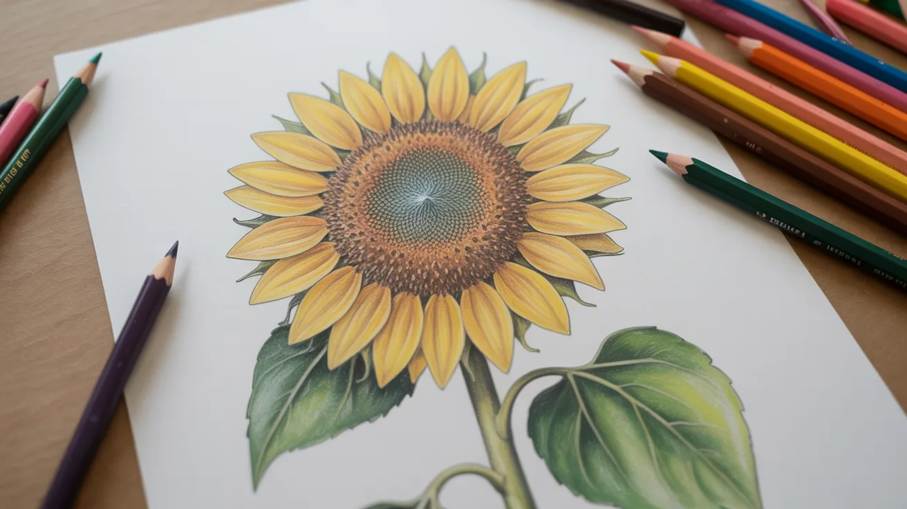 Sunflower drawing being colored with yellow petals, brown center, and green leaves in realistic style