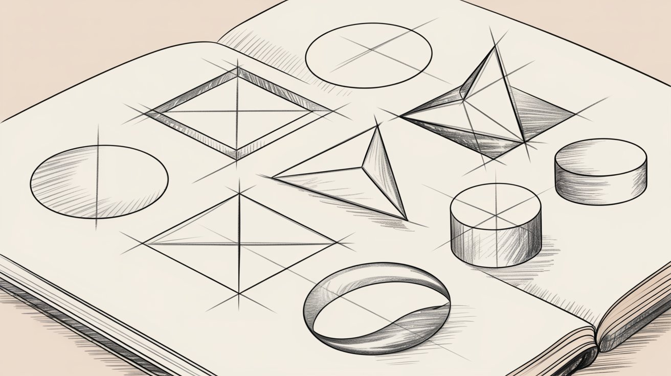 Open sketchbook with cones, cubes, cylinders. Master perspective by starting with simple shapes.