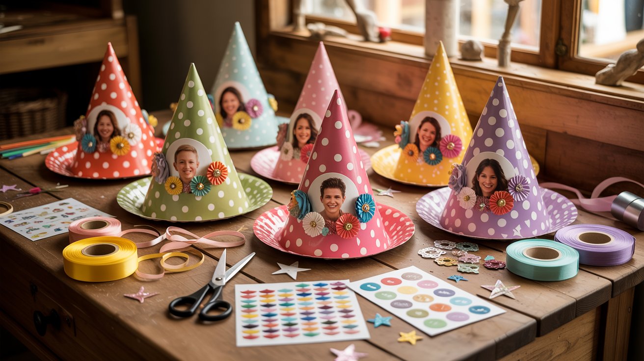 Personalized paper party hats decorated with unique designs, stickers, and creative elements for guests