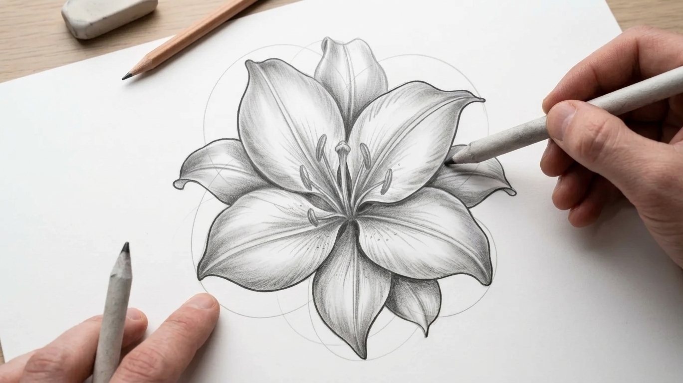 Lily drawing with soft blended shading adding depth near petal overlaps and center