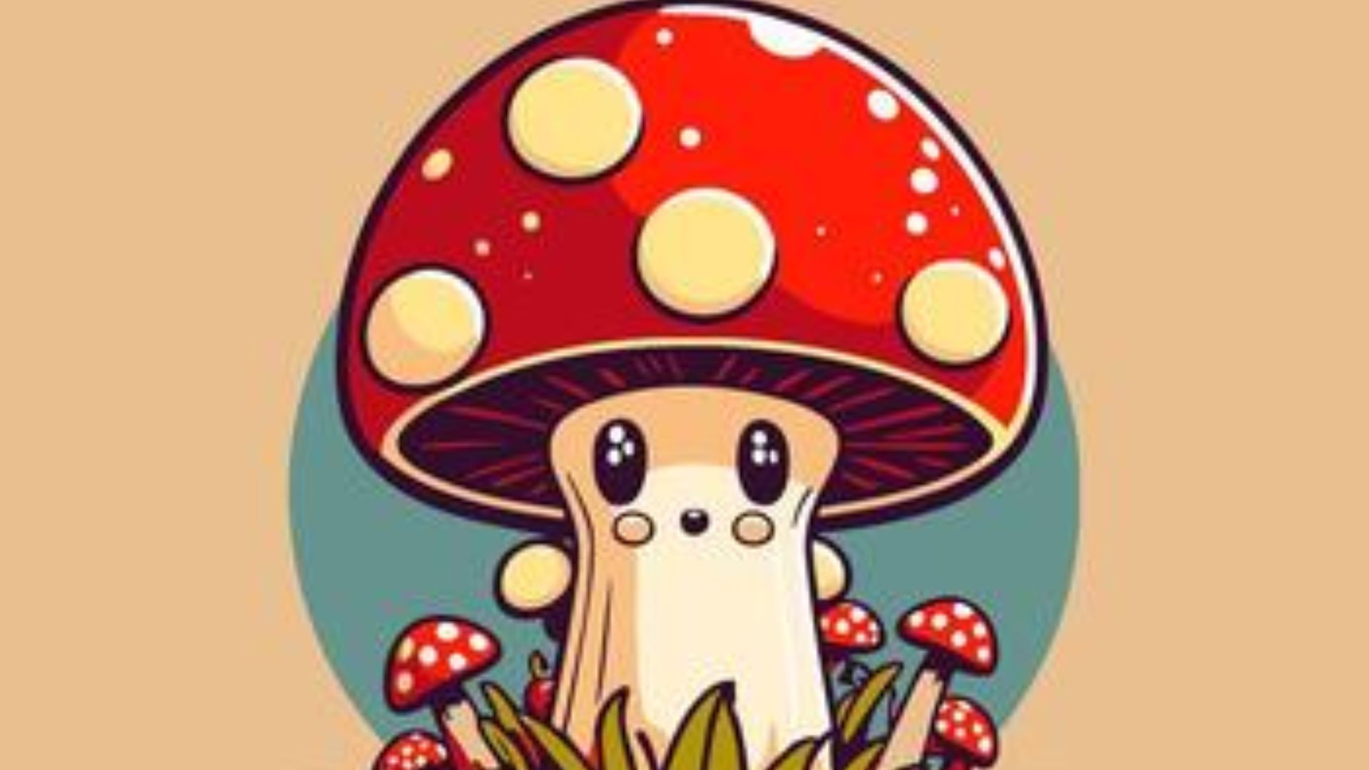 Kawaii mushroom character with a large red cap and yellow spots stares wide-eyed with a surprised expression.