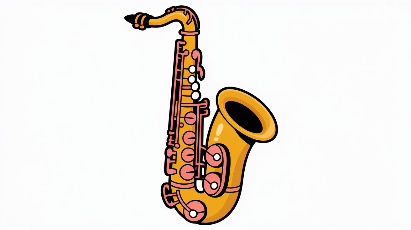 Playful cartoon saxophone with thick black outlines, golden body, and pink keys on a white background.