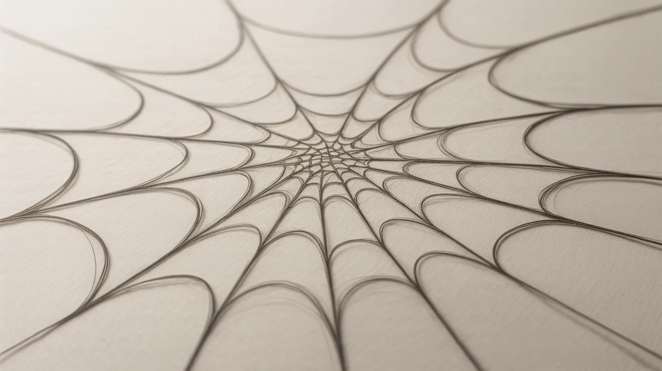 Spider web drawing step showing first curved ring connecting spokes near center