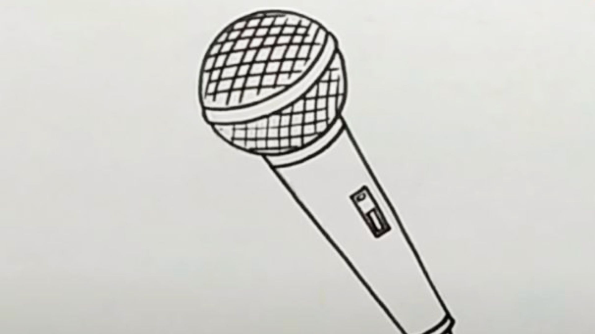 Hand-drawn black outline microphone sketch with mesh grille and switch on plain white paper.