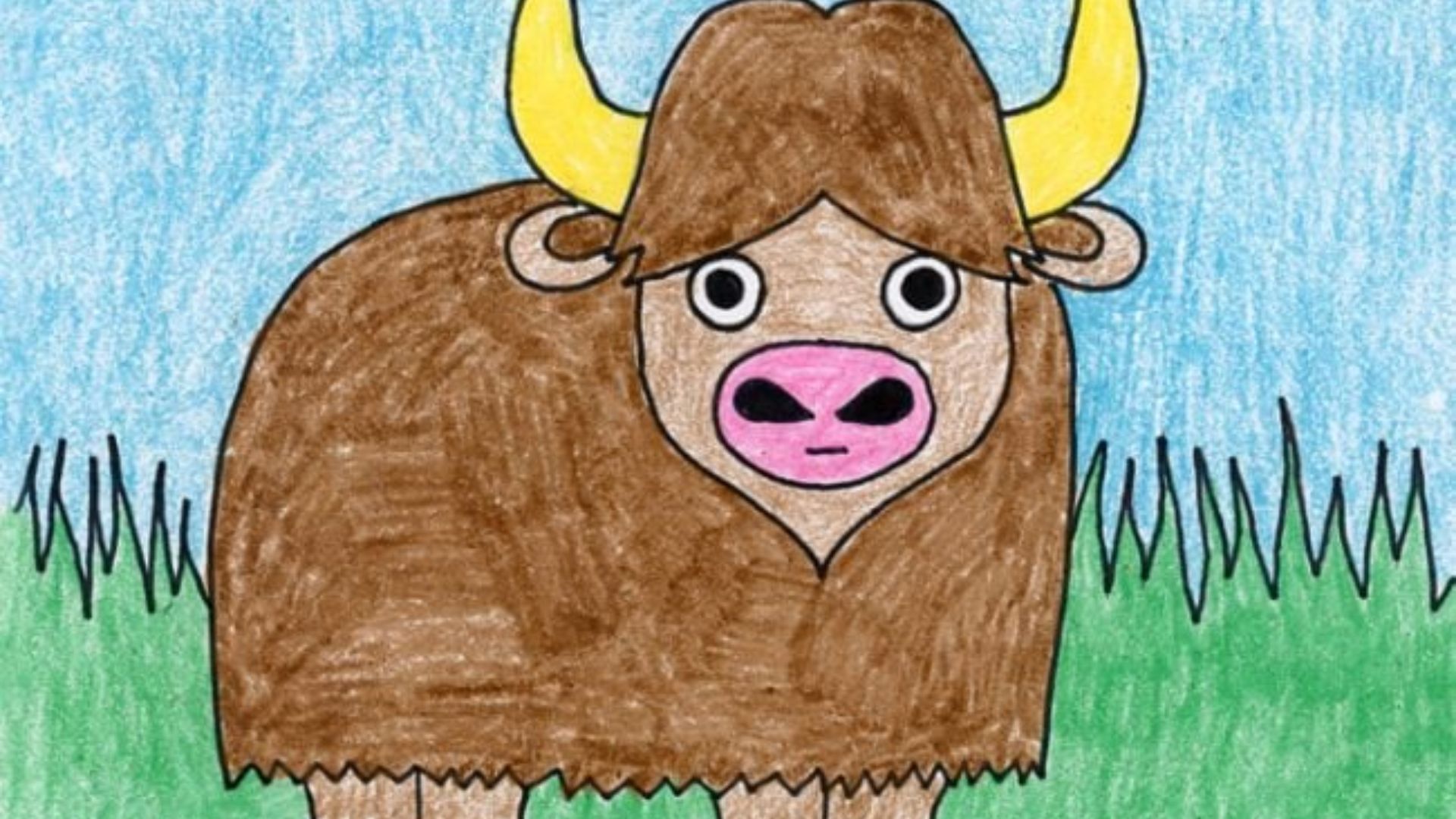 "A drawing featuring prominent horns and a large nose, showcasing its distinctive features and sturdy build."