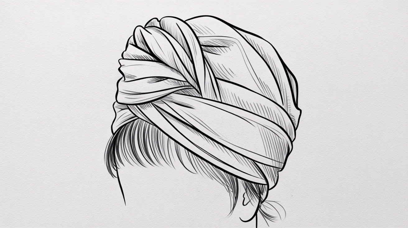 Portrait drawing step showing headwrap and simple hair details added around head
