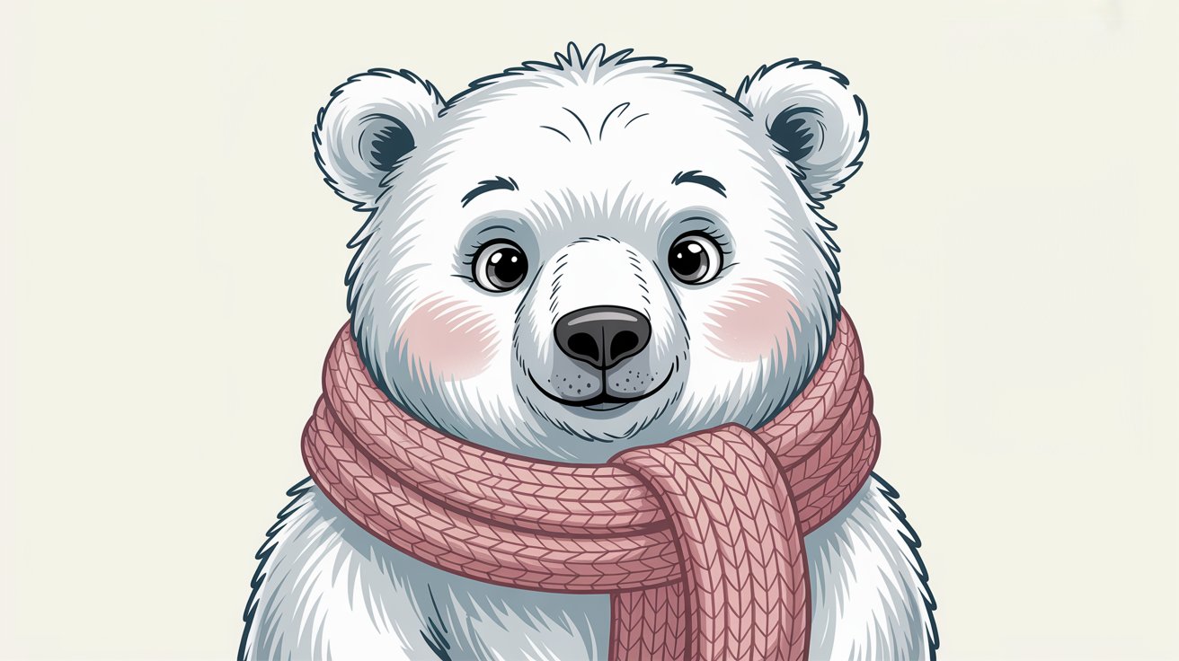 Friendly polar bear wearing a chunky pink knit scarf smiles warmly.