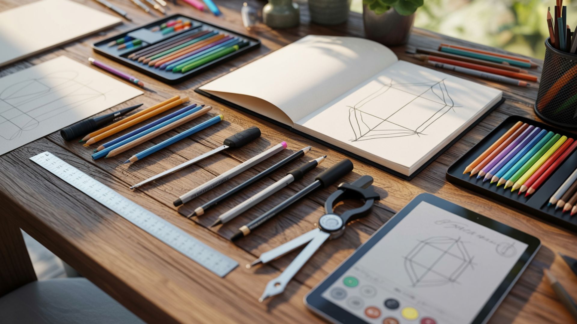 "A tabletop filled with different writing instruments, showcasing a colorful array of pens."