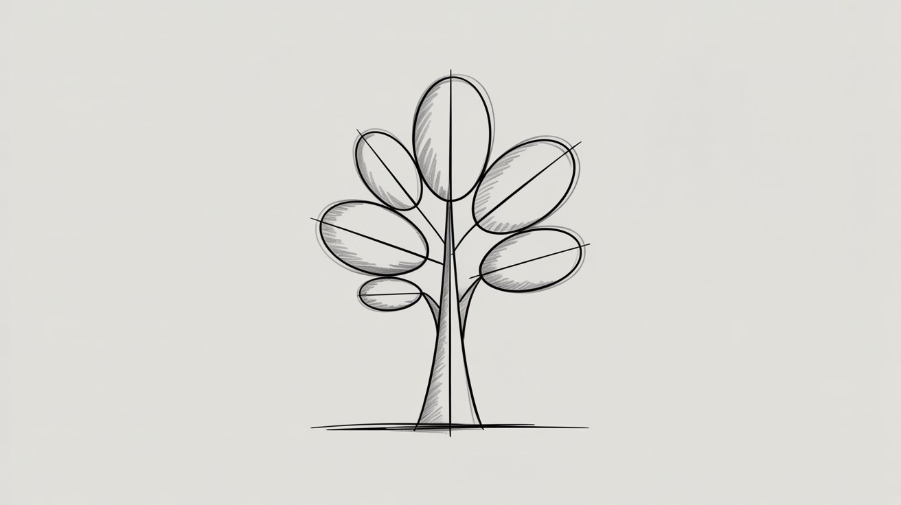 Tree formed with ovals for leaves, straight trunk. Combine simple shapes to sketch nature fast.