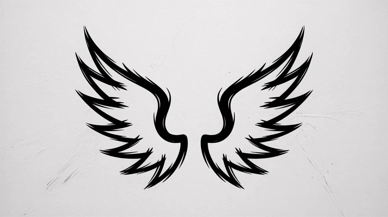 Tribal-style angel wings drawn with bold sharp lines and angular shapes in a sketch style.