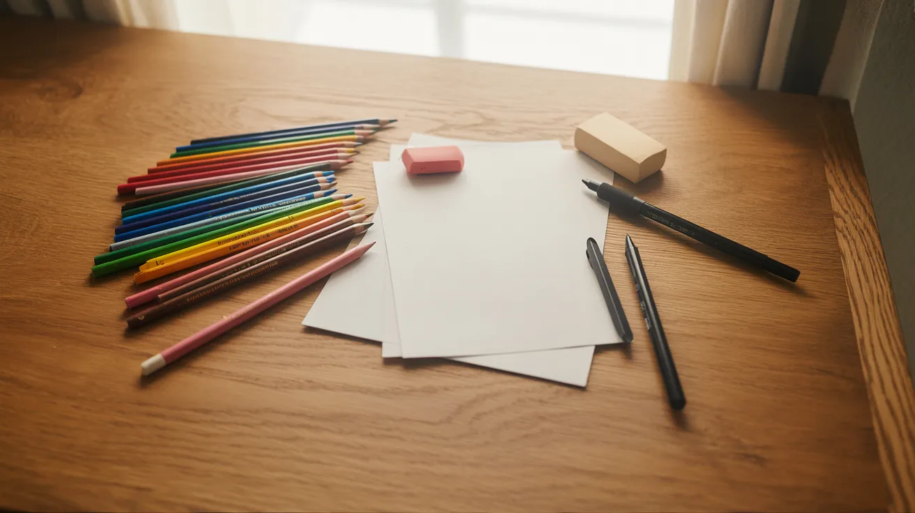 Drawing supplies including colored pencils paper eraser fineliner and blending tools on desk