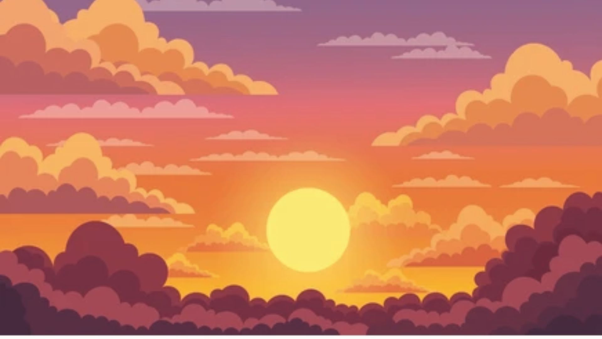 Flat vector illustration of a bright yellow sun setting behind layered orange and purple clouds in a vibrant cartoon sky.