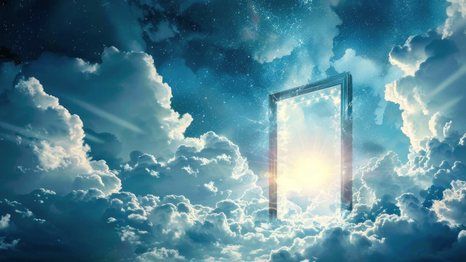 A glowing doorway opening in dramatic blue storm clouds under a starry night sky, showing a magical cloud drawing concept.